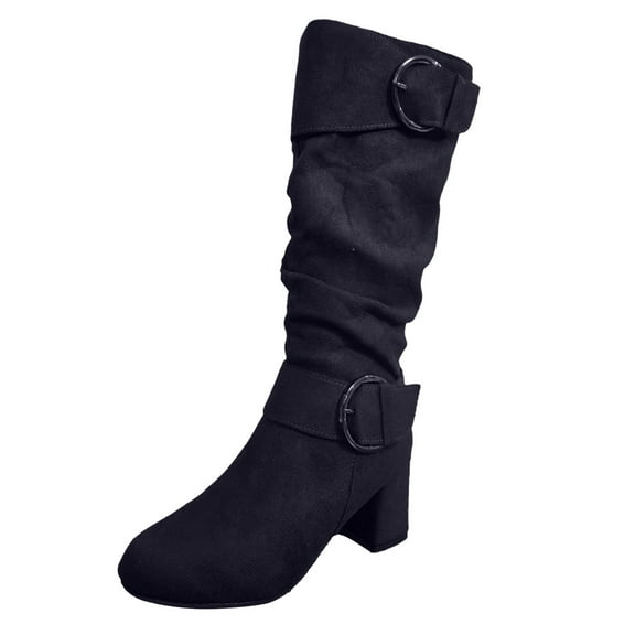 Women's Mid-Calf Boots Fashion Women Solid Autumn Winter Thick Sole Square Heels Zipper Mid Booties Round Toe Shoes