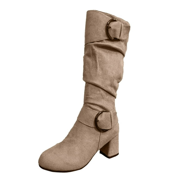 Women's Mid-Calf Boots Fashion Women Solid Autumn Winter Thick Sole Square Heels Zipper Mid Booties Round Toe Shoes