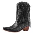 thumbnail image 1 of Xiaoxatg Women's Mid-Calf Boots Fashionable Sequin Decoration Tassel Boots with Pattern Pointed Thick Heels Comfortable Design for Everyday Wear 6.5 Black, 1 of 9