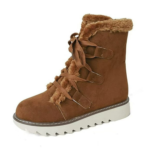 Xiaoxatg Women's Mid-Calf Boots Fashionable Winter Lace Up Solid Color Lined Comfortable and Warm Walking Footwear for Women 9 Brown