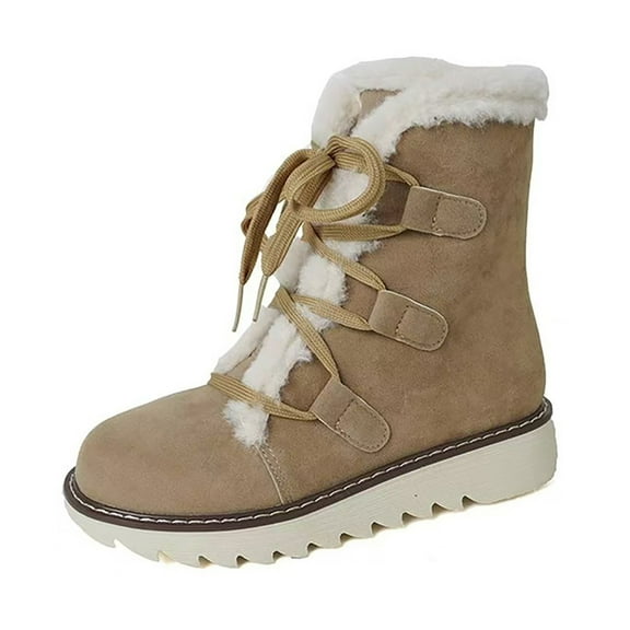 Xiaoxatg Women's Mid-Calf Boots Fashionable Winter Lace Up Solid Color Lined Comfortable and Warm Walking Footwear for Women 6.5 Beige