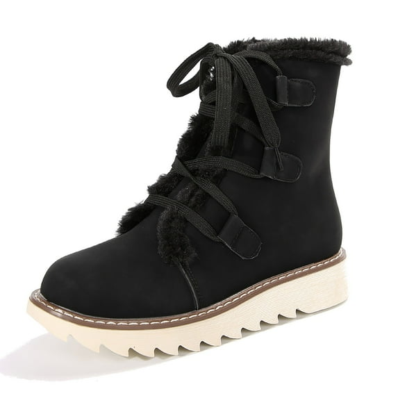 Xiaoxatg Women's Mid-Calf Boots Fashionable Winter Lace Up Solid Color Lined Comfortable and Warm Walking Footwear for Women 7.5 Black
