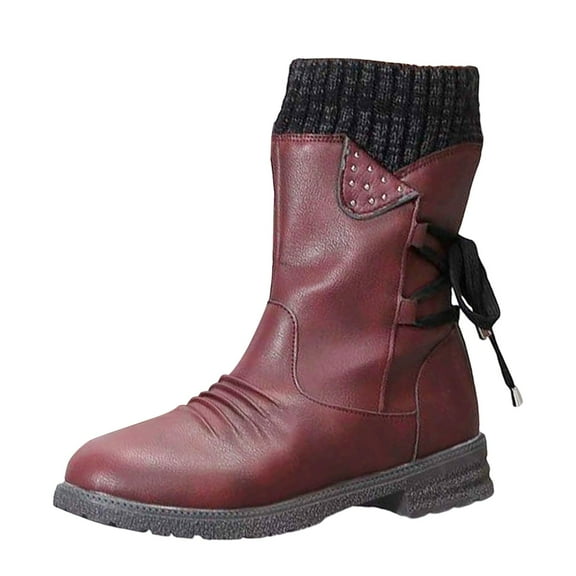 Women's Mid Calf Boots Featuring Low Heel Round Toe Side Zipper Fall/Winter European Style Knit Top Lace Up Design