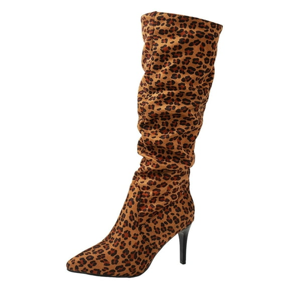 Xiaoxatg Women's Mid-Calf Boots Fine Leopard Print Pleated High Heeled Fashion Autumn Plus Size Boots 9 Coffee