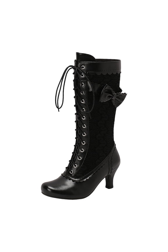 Women's Mid-Calf Boots Foreign Trade Large Sized Autumn Boots With Bow Tie High Heels 6.5 Black