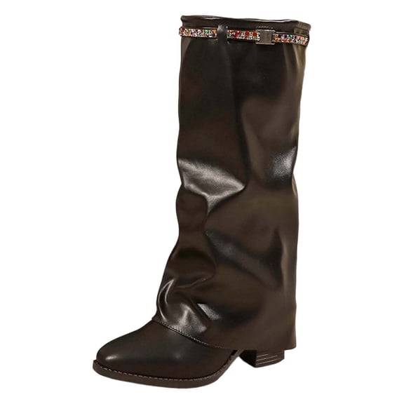 Women's Mid-Calf Boots Foreign Trade Pleated High Heel Boots With Colorful Rhinestones Heel British Style High Top Leg