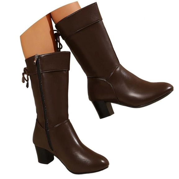 Women's Mid-Calf Boots Heel Platform Round Toe Zip Leather Fashion Casual Comfortable Durable Footwear