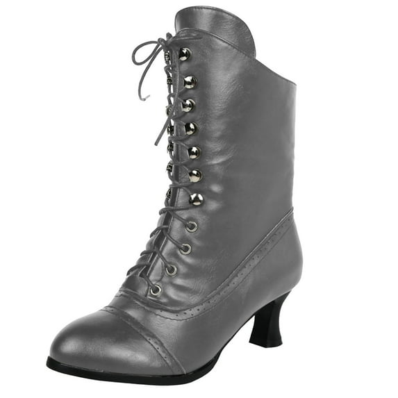 Women's Mid Calf Boots Lace up Combat Boots Leather Side Zipper Winter Boots Vintage Dress Casual Boots