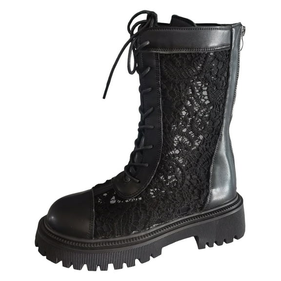 Xiaoxatg Women's Mid-Calf Boots Ladies Casual Solid Color Mesh Lace Hollow Breathable Thick Bottom Zipper Design 6.5 Black