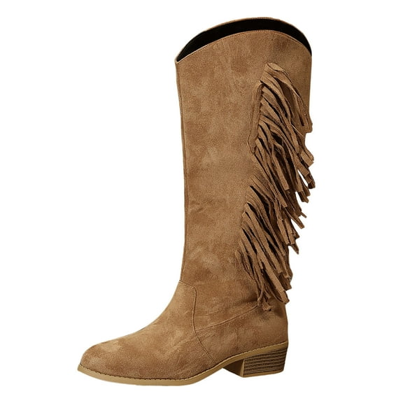 Xiaoxatg Women's Mid-Calf Boots Ladies Casual Solid Color Tassel Suede Heel Long Boots 6.5 Brown