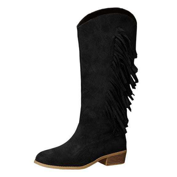 Xiaoxatg Women's Mid-Calf Boots Ladies Casual Solid Color Tassel Suede Heel Long Boots 8 Black
