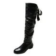 thumbnail image 1 of Xiaoxatg Women's Mid-Calf Boots Ladies Fashion Solid Color Peated Leather Bow Tie Back Thick Heel Long Boots for Stylish Comfort and Durability 7 Black, 1 of 6