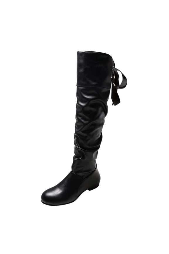 Women's Mid-Calf Boots Ladies Fashion Solid Color Peated Leather Bow Tie Back Thick Heel Long Boots for Stylish Comfort and Durability 6.5 Black