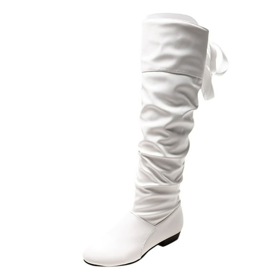 Xiaoxatg Women's Mid-Calf Boots Ladies Fashion Solid Color Peated Leather Bow Tie Back Thick Heel Long Boots for Stylish Comfort and Durability 7 White