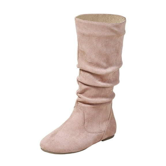 Women's Mid-Calf Boots Ladies Fashion Solid Color Suede Pleated Pile Boots British Style Flat Bottom Medium Boots