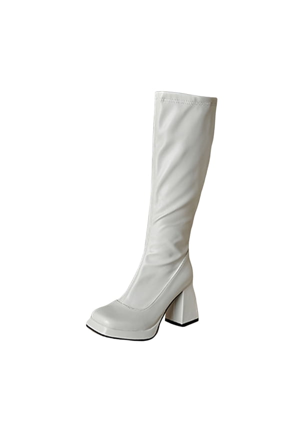 Women's Mid-Calf Boots Leather Knee High Platform High Heeled Boots with Zip Up Design 10 White