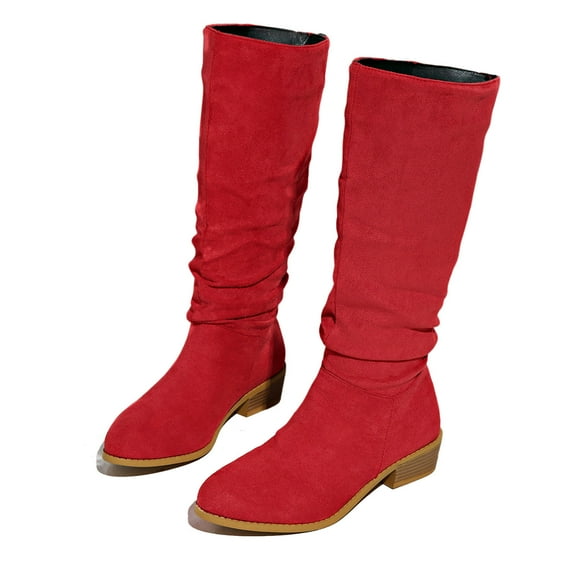 Xiaoxatg Women's Mid-Calf Boots Plus Size Round Head Solid Color Thick Heel Wrinkled Suede Boots for Autumn and Winter 9 Red