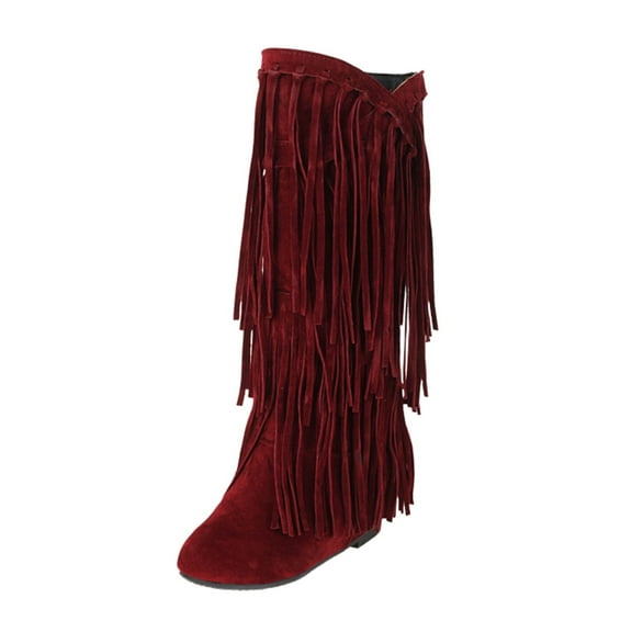 Xiaoxatg Women's Mid-Calf Boots Plus Size Winter Heel Fringe Inside Booster Mid Length Footwear for Stylish Comfort 6 Red