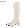 thumbnail image 1 of Women's Mid Calf Boots Pointed Toe On Ankle Booties With Stacked Heel For Everyday Casual Wear Comfortable Fold Leather Design, 1 of 7