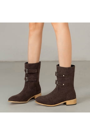 Women's Mid Calf Boots Slouchy Round Toe Flat Low Heel Riding Boots With Back Zipper
