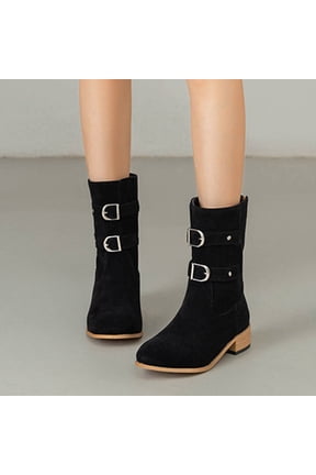 Women's Mid Calf Boots Slouchy Round Toe Flat Low Heel Riding Boots With Back Zipper
