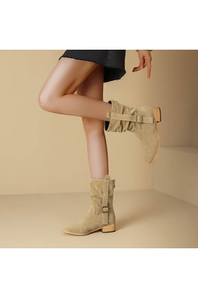 Women's Mid Calf Boots Slouchy Round Toe Flat Low Heel Riding Boots With back zipper