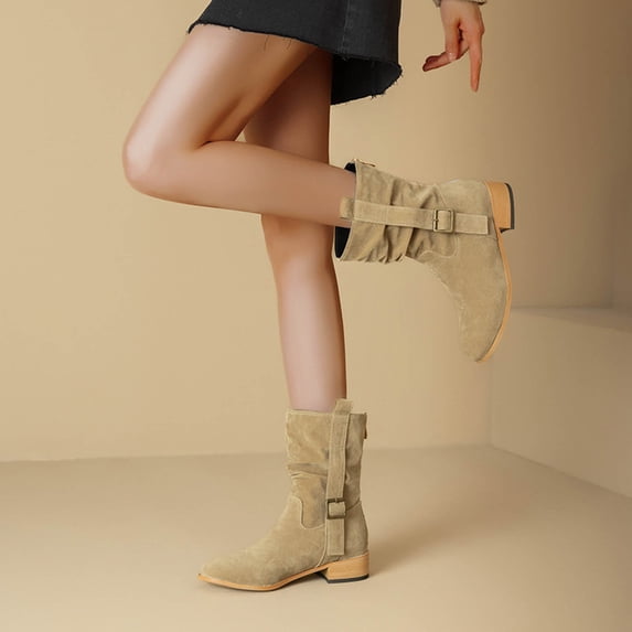 Women's Mid Calf Boots Slouchy Round Toe Flat Low Heel Riding Boots With back zipper