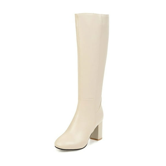 Xiaoxatg Women's Mid-Calf Boots Square Toe Side Zipper Heel Knee High Boots for Fashion-Forward Women 10.5 Beige