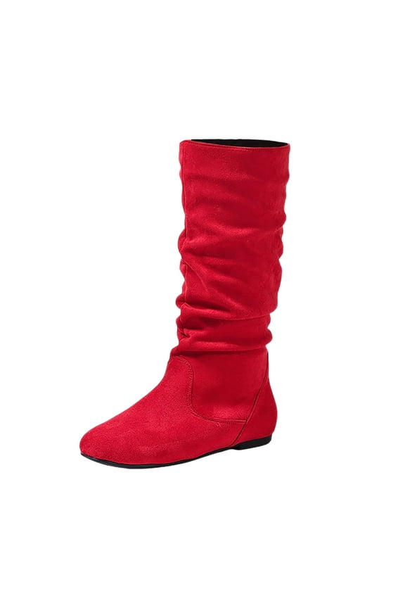 Women's Mid Calf Boots Suede Flat Side Zipper Casual Booties Comfortable Ankle Boots for Daily Wear(Color:Red,Size:8.5)