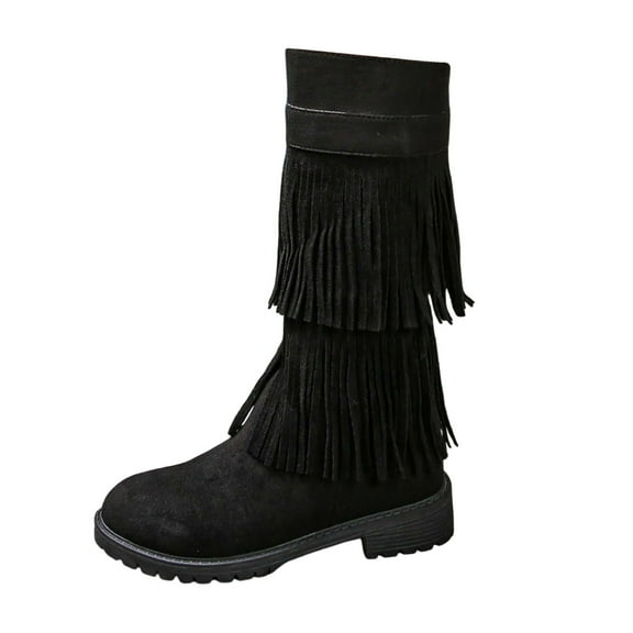 Women's Mid-Calf Boots Suede Fringe Side Zipper Flat Heel Comfortable Casual Fashion Booties for Fall and Winter Seasons