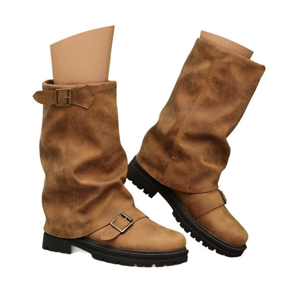 Xiaoxatg Women's Mid Calf Boots Suede Heel Ankle Boots Round Toe Square Buckle Casual Fashion Booties for Every Occasion 6 Yellow