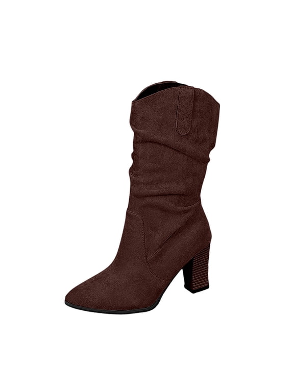 Women's Mid-Calf Boots Suede Slouchy Pointed Toe Chunky High Heel Fashion Boots