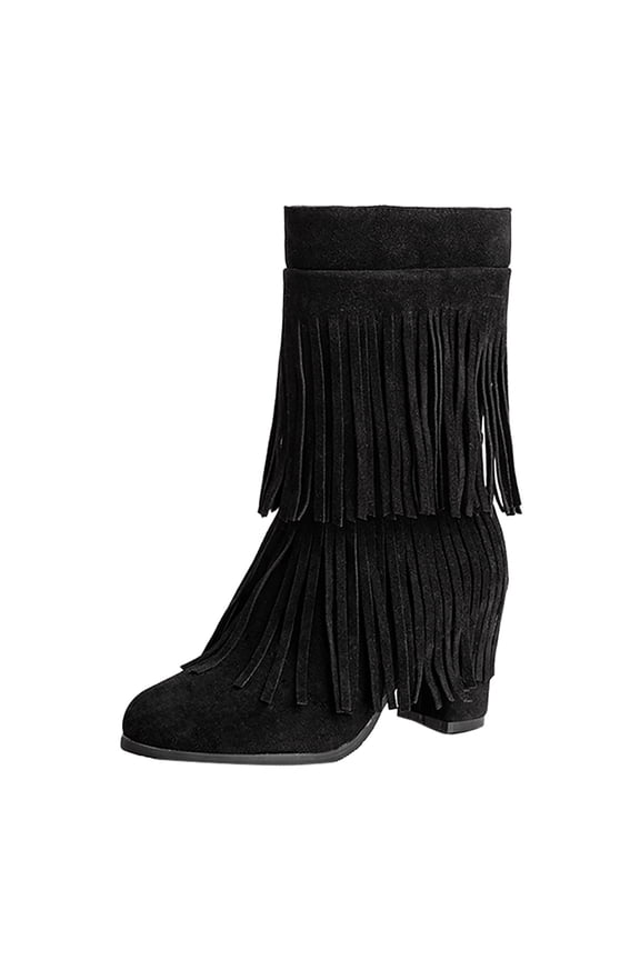 Women's Mid-Calf Boots Thick High Heel Tassel Side Zipper Round Head Europe And The United States Foreign Trade Boots 9 Black