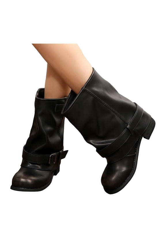 Women's Mid Calf Boots Wide Calf Leather Fold Over Motocycle Biker Booties Wide Toe Box Slip On Combat Boots