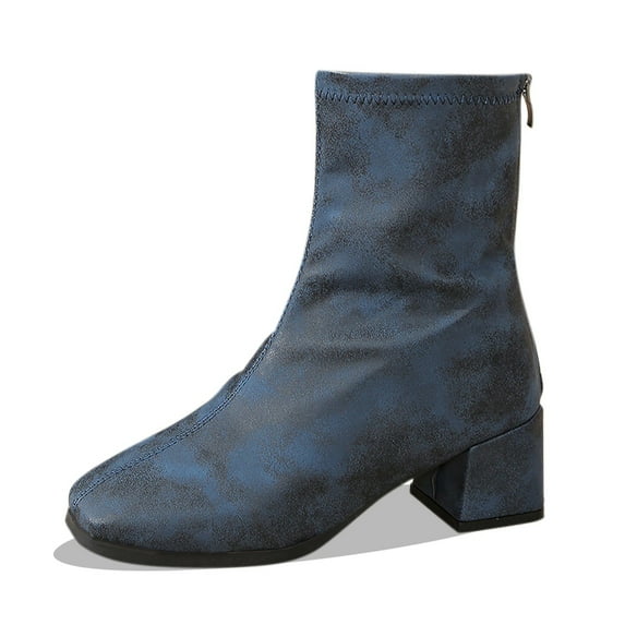 Xiaoxatg Women's Mid-Calf Boots Winter Leather Solid Color Casual Comfort with Temperament Mid Heel Back Zipper Design 9 Blue