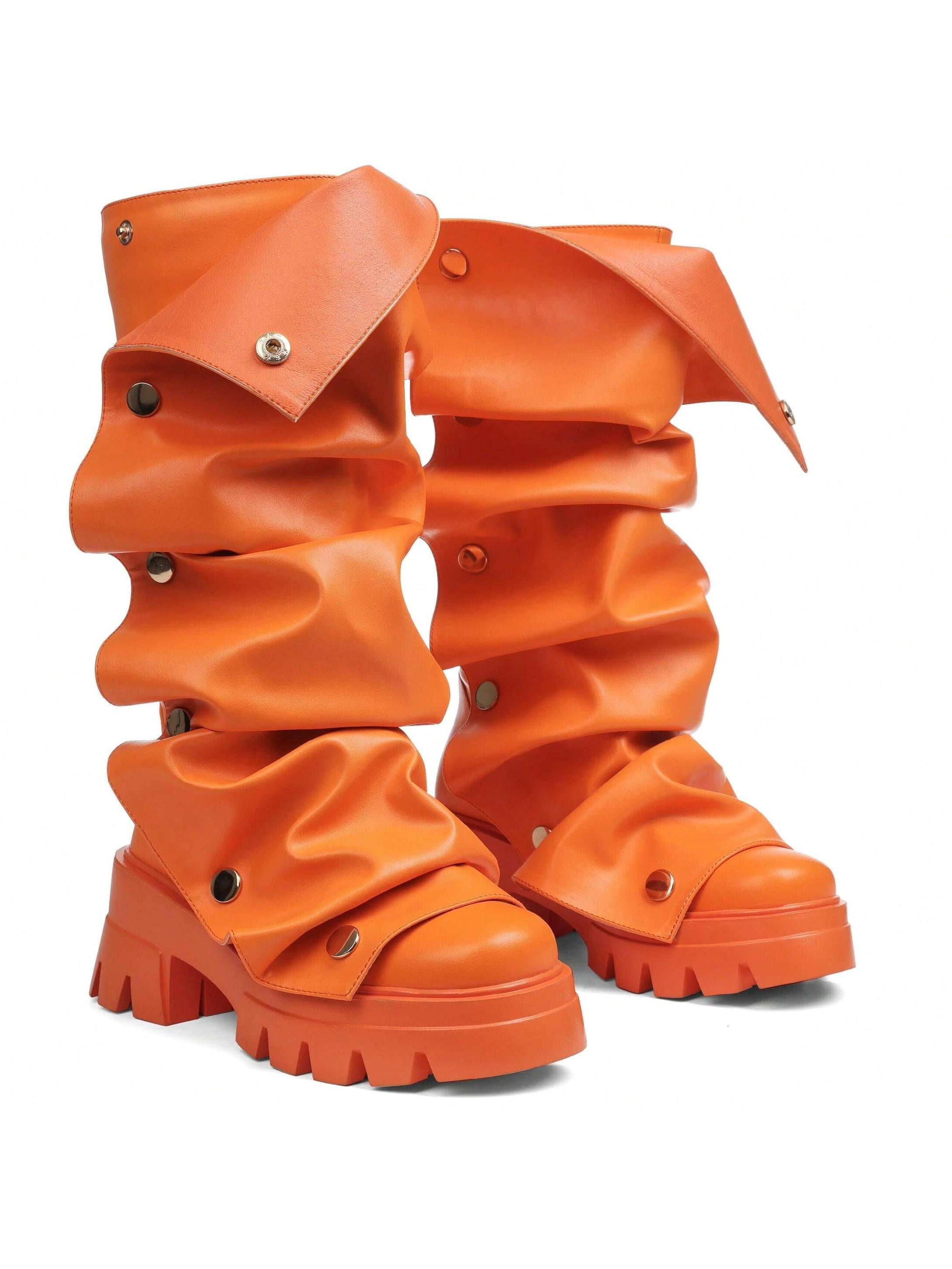 Women's Mid Calf Chunky Heel Platform Ruch Knee High Pull-On Fold Over ...