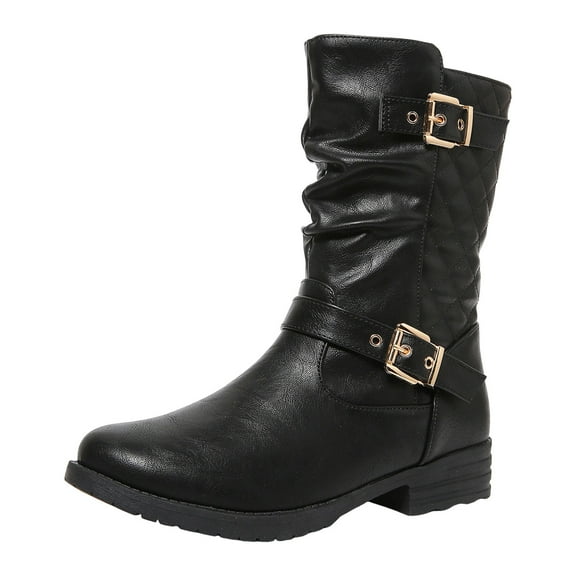 Women's Mid Calf Combat Riding Boots Trendy Leather Buckles Side Zipper Winter Fall Slouchy Boots for Women