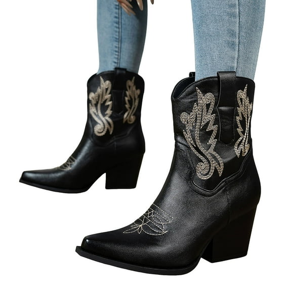 Women's Mid Calf Cowboy Boots Casual Pointed Toe Embroidered Retro Wide Calf Cowgirl Booties Chunky Heel Slip On Riding Boots Black Size 6.5