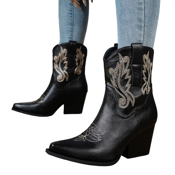 Women's Mid Calf Cowboy Boots Casual Pointed Toe Embroidered Retro Wide Calf Cowgirl Booties Chunky Heel Slip On Riding Boots Black Size 6