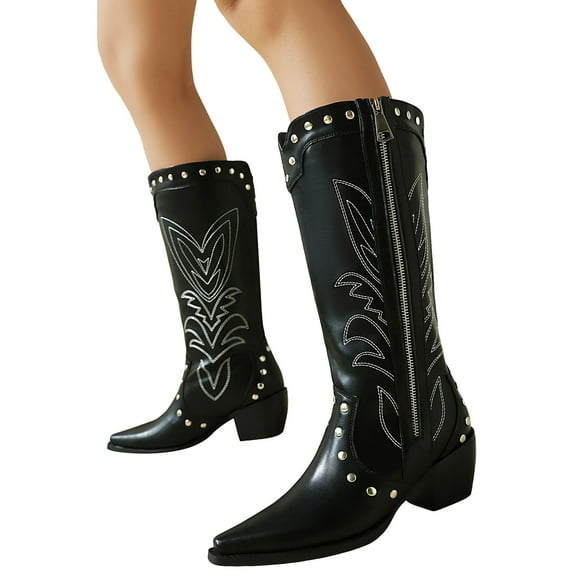 Women's Mid Calf Cowboy Boots Pointed Toe Fashion Studded Embroidered Western Cowgirl Booties Wide Calf Knee High Riding Boots Black Size 6