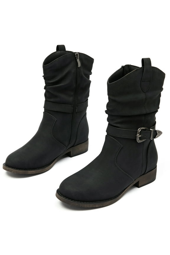 Women's Mid-Calf Cowboy Cowgirl Boots with Low Chunky Heel, Classic Round Toe, Motorcycle Style, Side Zipper,Fashion Western Black Boots.