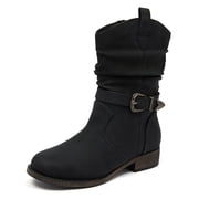 Womens Mid-Calf Cowgirl Boots with Low Chunky Heel,Classic Round Toe,Cowboy Style,Side Zipper,Fashion Western Black Boots.
