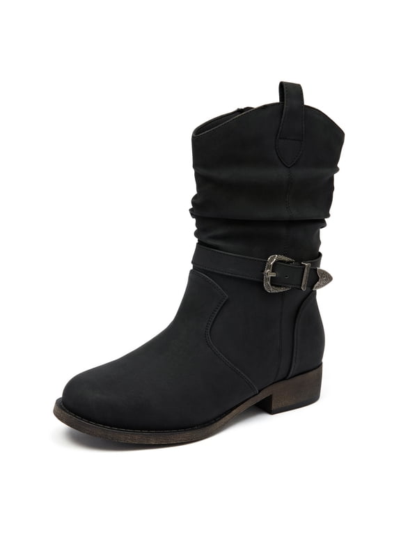 Women's Mid-Calf Cowgirl Boots with Low Chunky Heel,Classic Round Toe,Cowboy Style,Side Zipper,Fashion Western Black Boots.