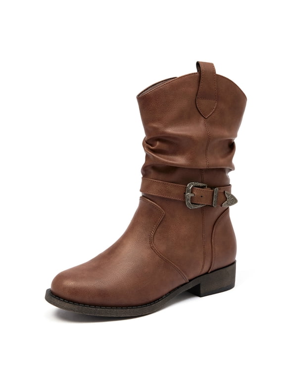Women's Mid-Calf Cowgirl Boots with Low Chunky Heel,Classic Round Toe,Cowboy Style,Side Zipper,Fashion Western Dark Brown Boots.