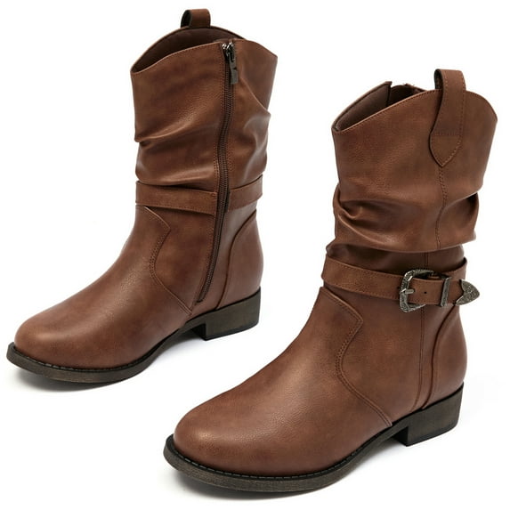 Women's Mid-Calf Cowboy Cowgirl Boots with Low Chunky Heel, Classic Round Toe, Motorcycle Style, Side Zipper,Fashion Western Dark Brown Boots.