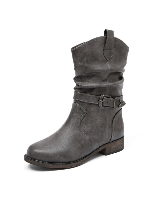 Women's Mid-Calf Cowgirl Boots with Low Chunky Heel,Classic Round Toe,Cowboy Style,Side Zipper,Fashion Western Grey Boots.