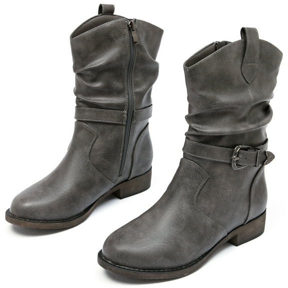 Women's Mid-Calf Cowboy Cowgirl Boots with Low Chunky Heel, Classic Round Toe, Motorcycle Style, Side Zipper,Fashion Western Grey Boots.