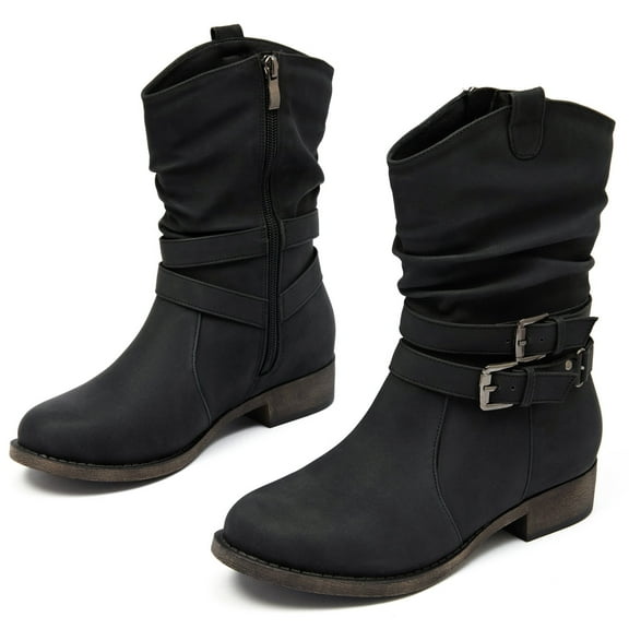 Women's Mid-Calf Cowboy Cowgirl Boots with Low Chunky Heel, Motorcycle Style, Side Zipper, Classic Round Toe, Fashion Western Black Boots.