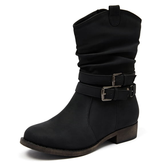 Women's Mid-Calf Cowboy Cowgirl Boots with Low Chunky Heel, Cowboy Style, Side Zipper, Classic Round Toe, Fashion Western Black Boots.