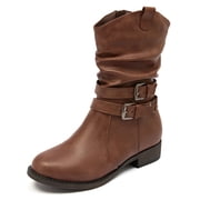 Women's Mid-Calf Cowboy Cowgirl Boots with Low Chunky Heel, Cowboy Style, Side Zipper, Classic Round Toe, Fashion Western Dark Brown Boots.